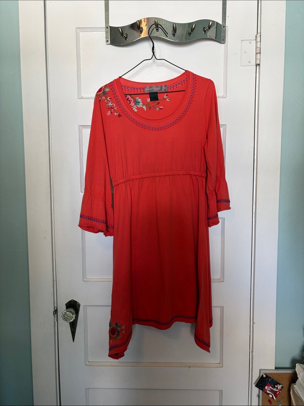 Urban Mango Embroidered Red Women's Knit Boho Dress Size M